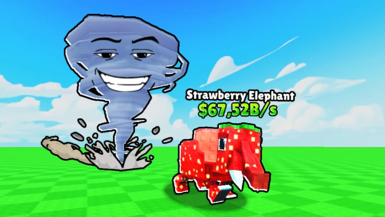 Official Be Tornado For Brainrots artwork showing a blue-gray tornado beside a red Strawberry Elephant on bright green ground beneath a blue sky.